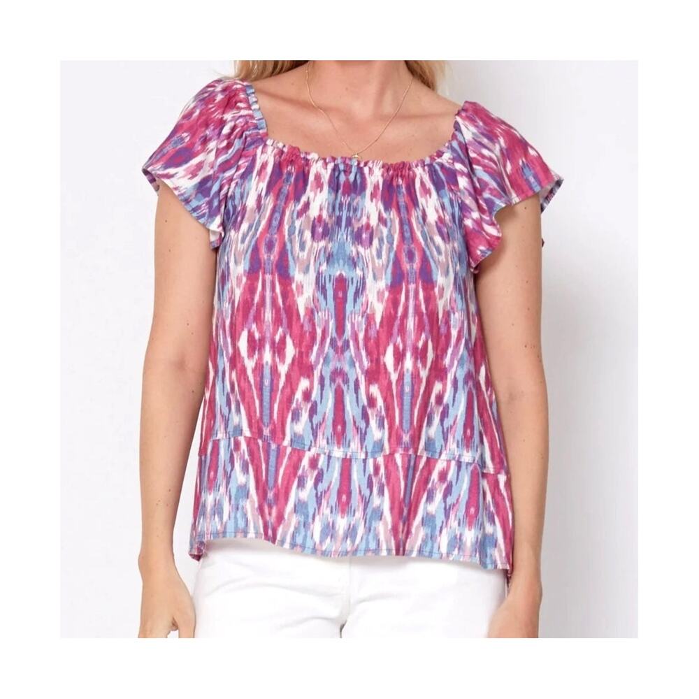 Another Love NWT Purple Blue Ikat Print Linen Blend Ruffle Short Sleeve Top